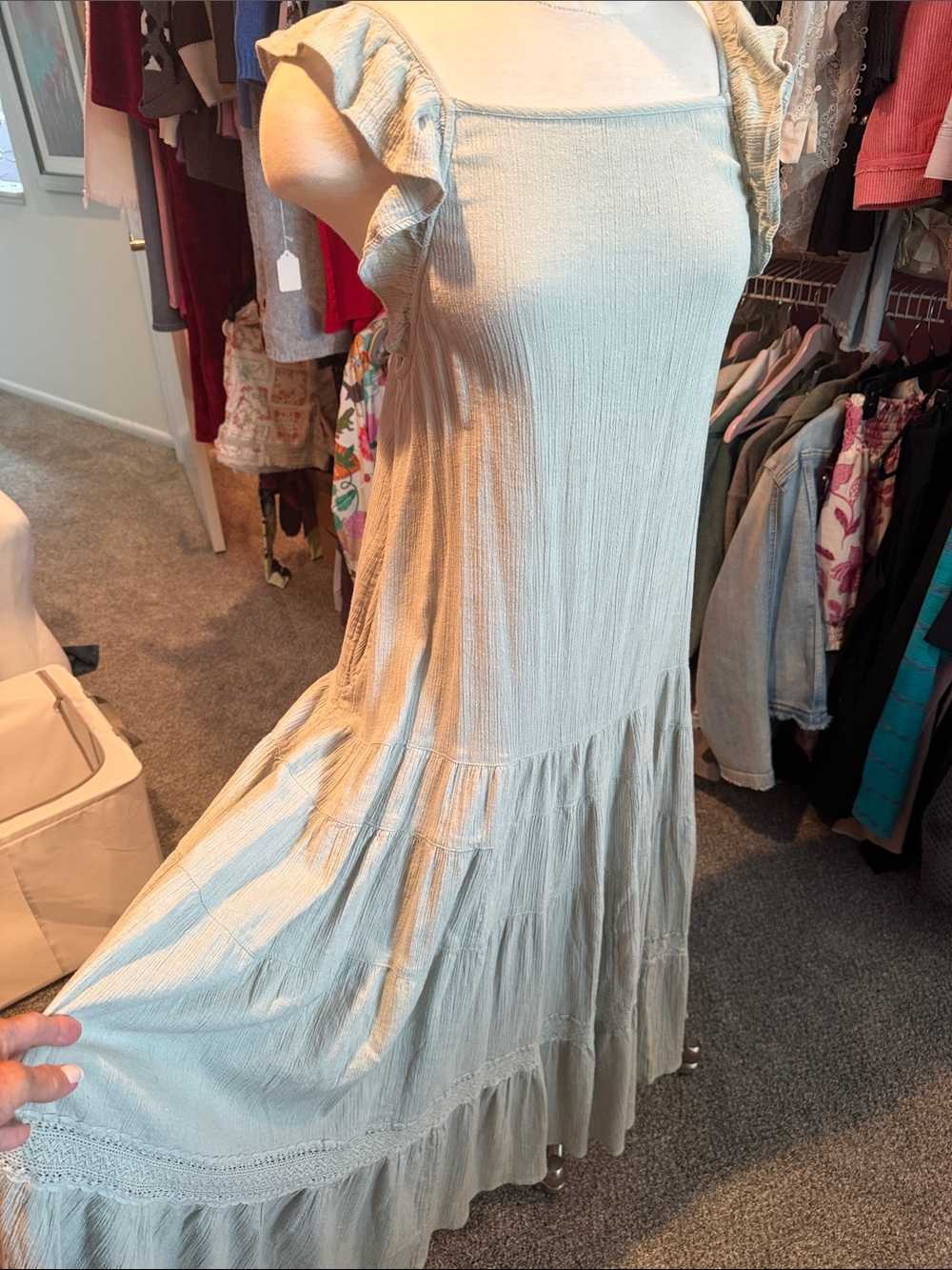 Free People Light Sage Tiered Maxi Dress with Ruffle Sleeves